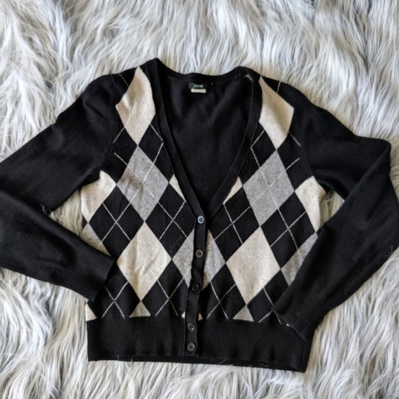 J. Crew Sweaters - J Crew Vneck Argyle Cardigan B&W